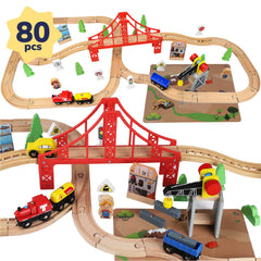 TOY Life wooden train set 80pcs on a colorful mat for creative building.
