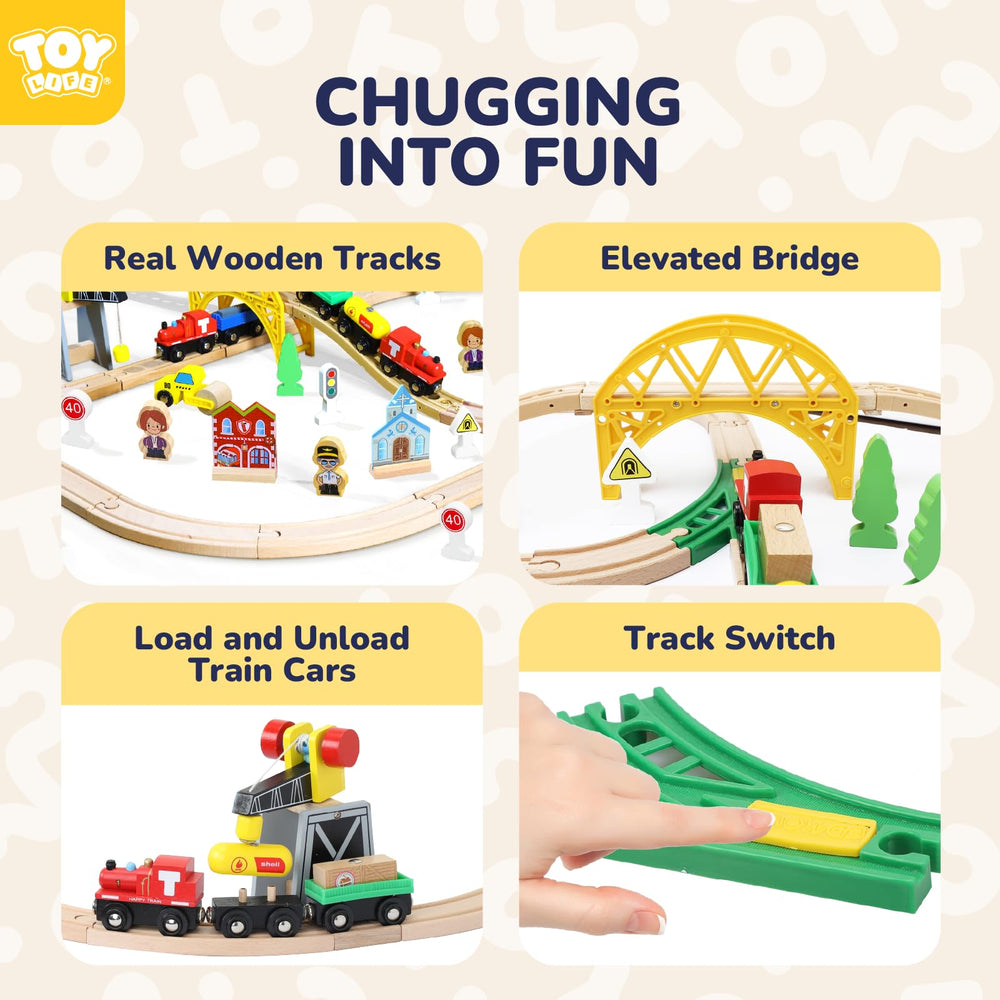 Wooden train tracks and accessories arranged for a creative layout by TOY Life