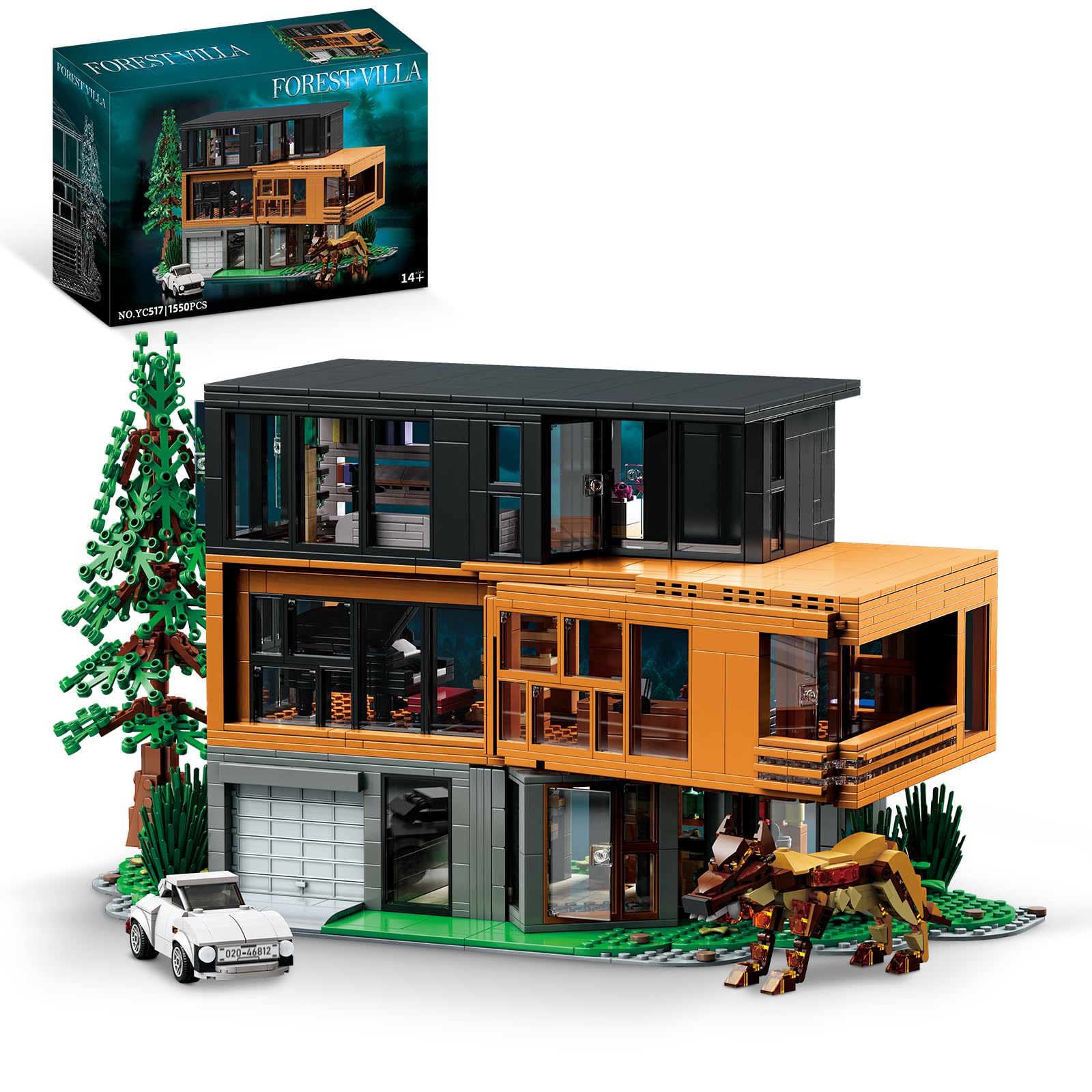 TOY PLAYER Forest House building set with lights creates a cozy illuminated shelf display.