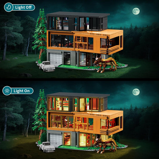 TOY PLAYER Haunted villa architecture kit highlights dramatic lighting for Halloween decor.