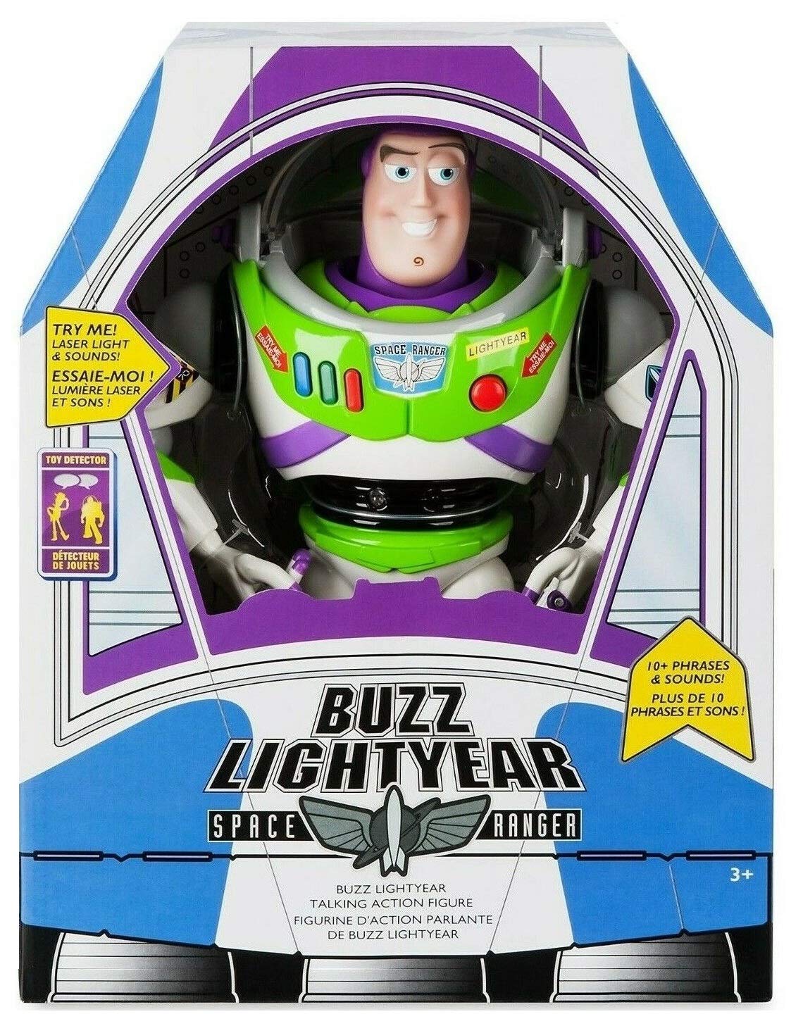 Toy Story Buzz Lightyear figure front view with interactive phrases for imaginative play.