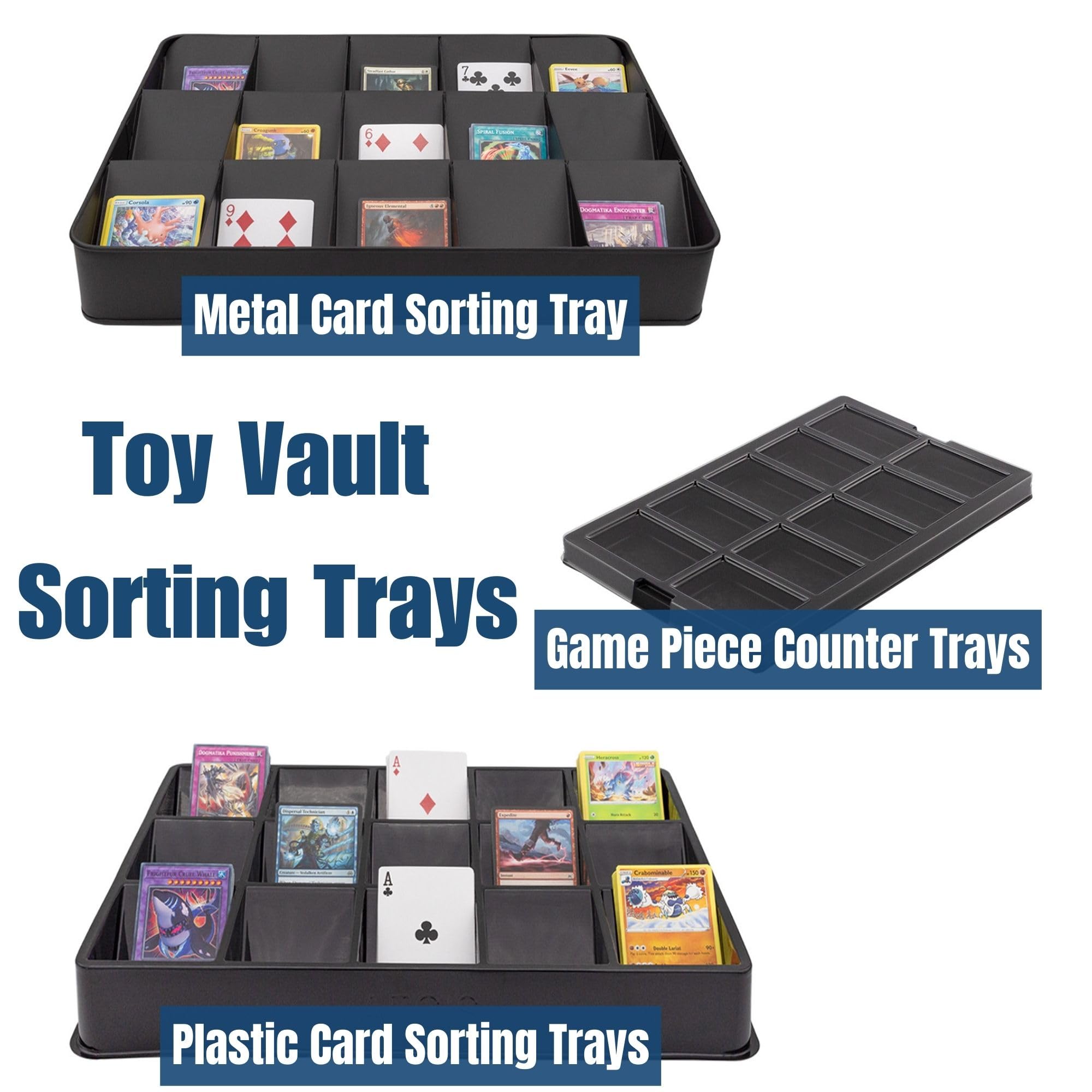 Toy Vault sorting trays for sports, fantasy, and RPG cards.