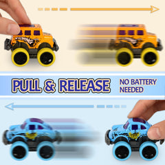 Children racing Toyard Monster Trucks on the floor during holiday play.