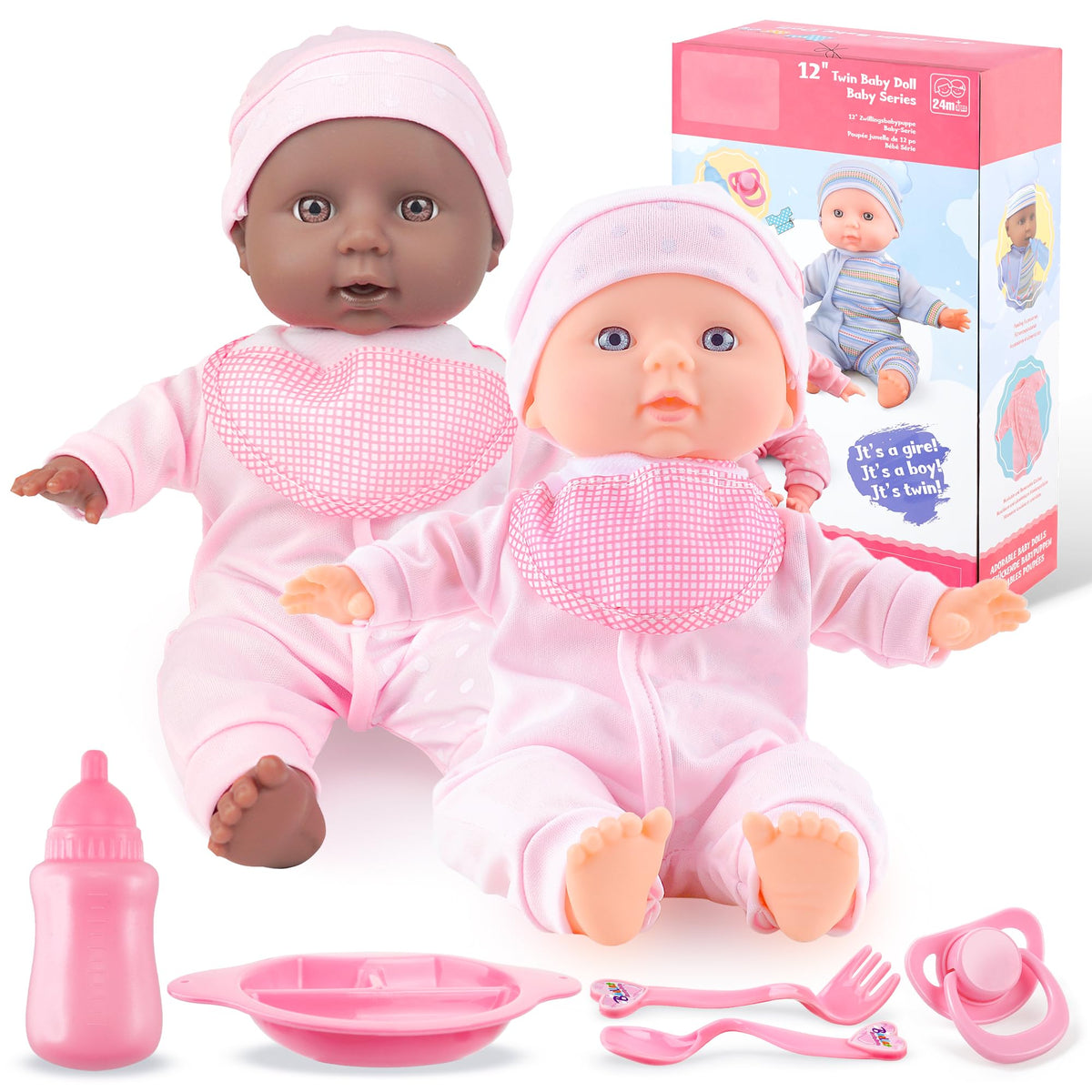 Toy Choi's twin baby dolls 12in pink outfits for easy hugging and cuddling
