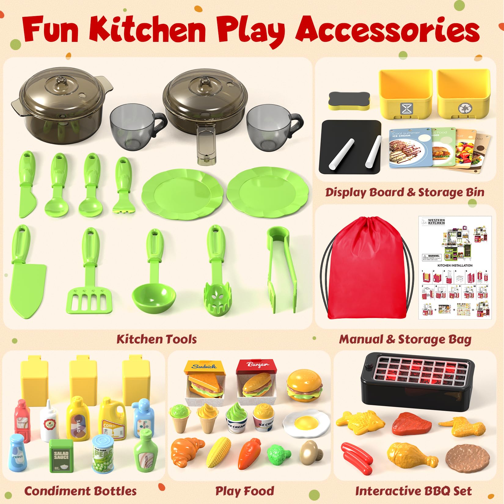 Toycost storage bag keeps kitchen toys organized after play.