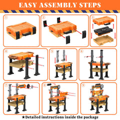 Toycost portable toolbox and bench setup enables on-the-go building fun.