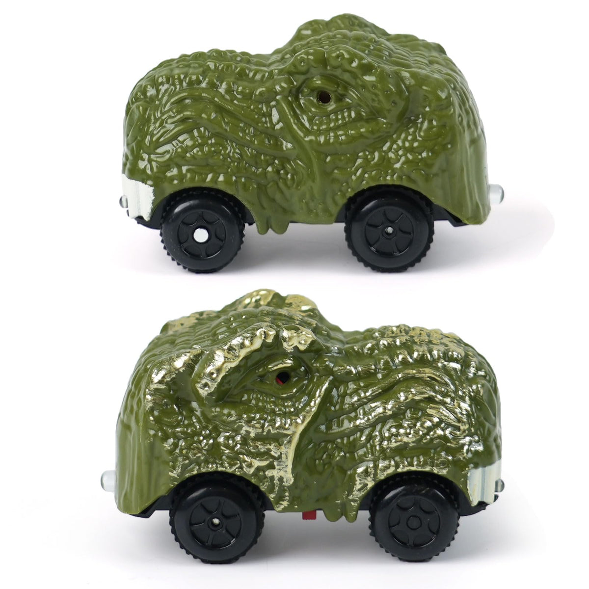 ToyFuntasy dinosaur track car green front view ready for action.