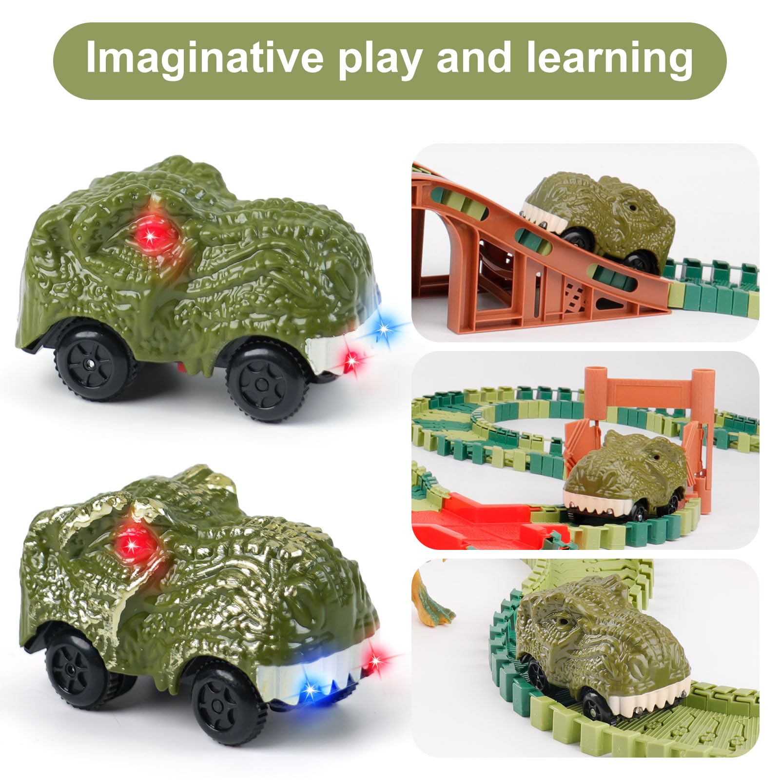 ToyFuntasy dinosaur track car green side profile ideal for play.