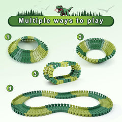 ToyFuntasy curve-bridge pieces enable dynamic layouts for endless dino racing fun.