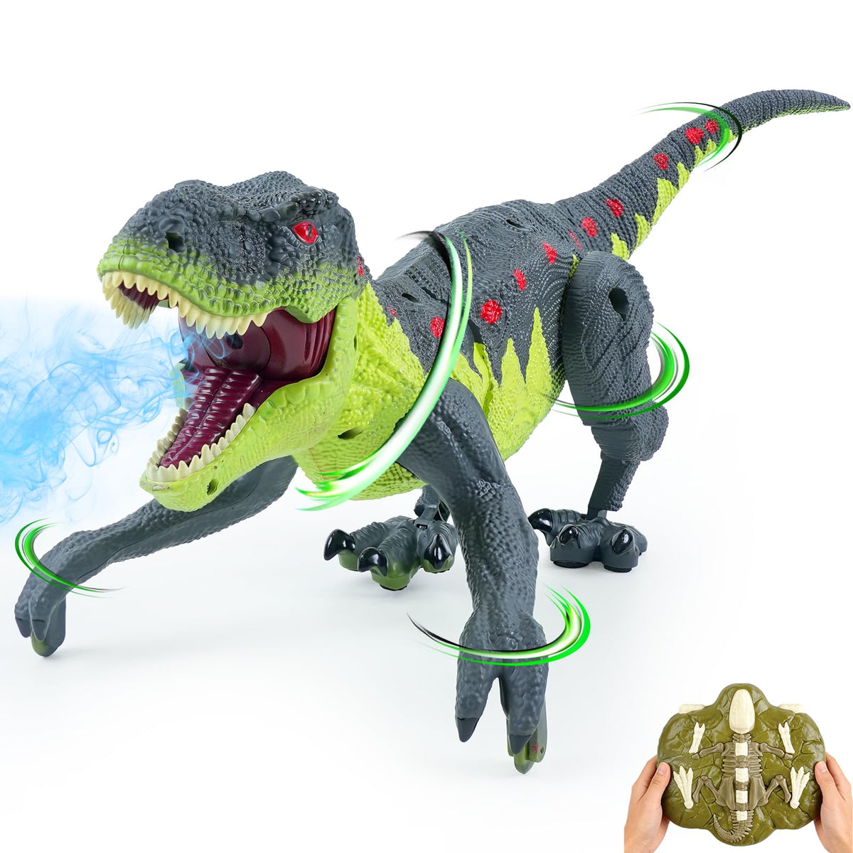 ToyFuntasy remote-control dinosaur gray-green walking with lights for imaginative play.
