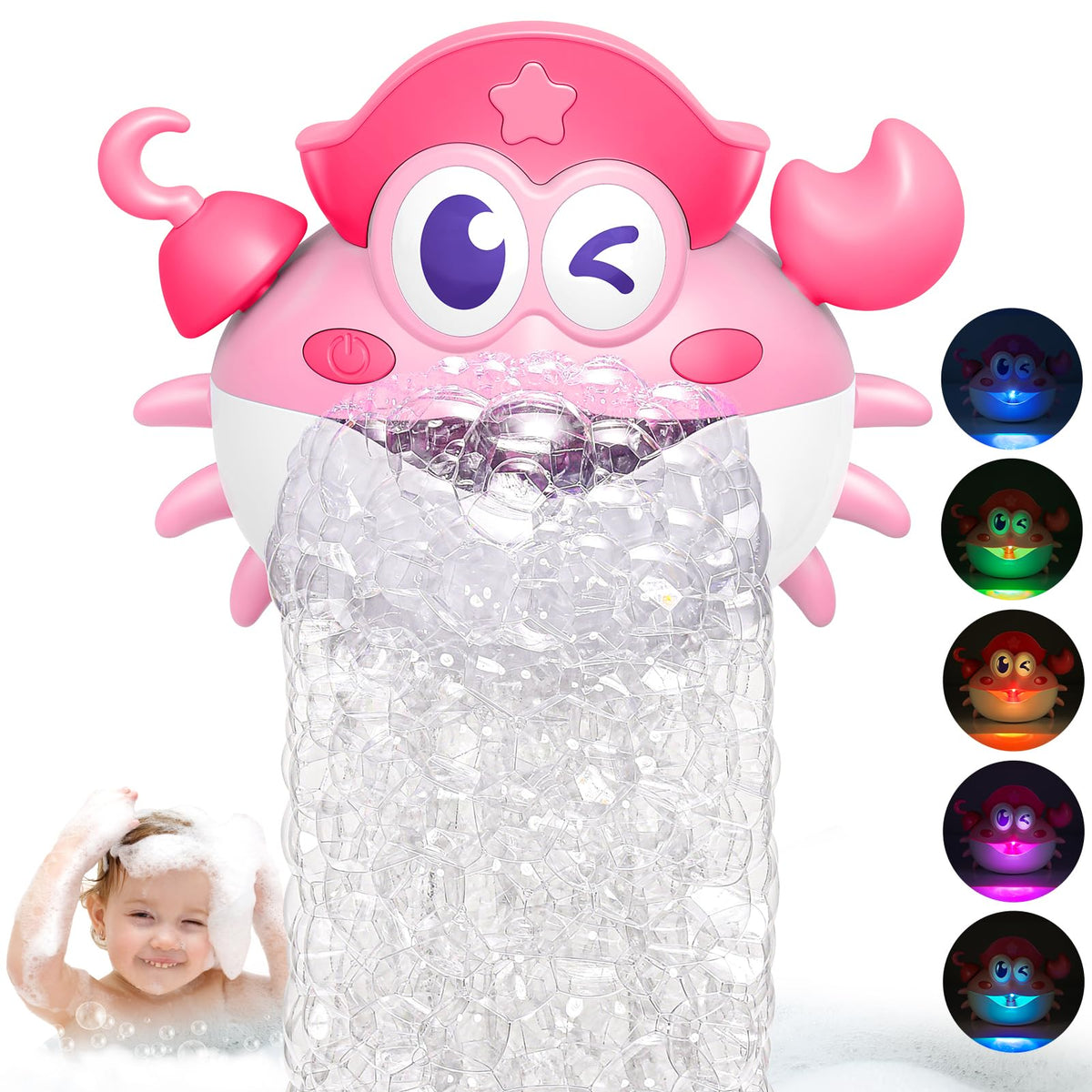 Toyjolka light-up crab bath bubble machine illuminates bath time with shimmering bubbles.