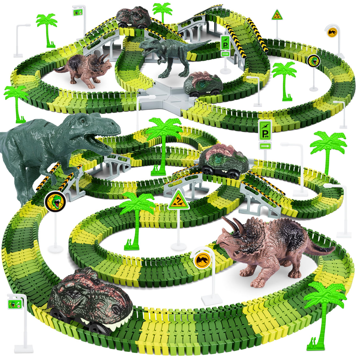 Toyk dinosaur world track set shown for imaginative play and race options