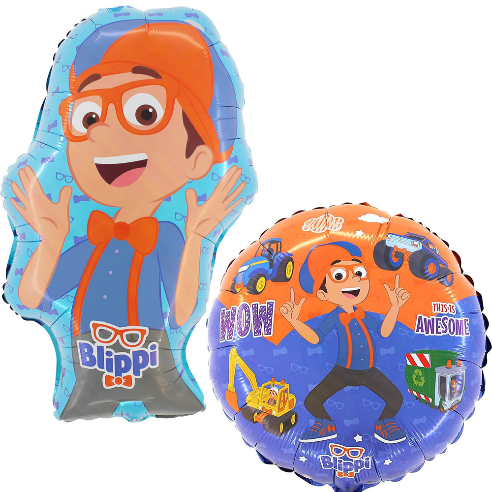 Toyland Blippi balloons for kids' parties; 29in shaped + 18in round characters for festive decor