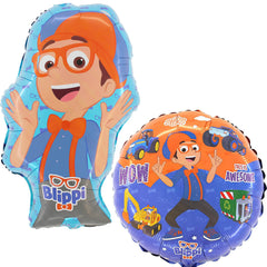 Toyland Blippi balloons for kids' parties; 29in shaped + 18in round characters for festive decor
