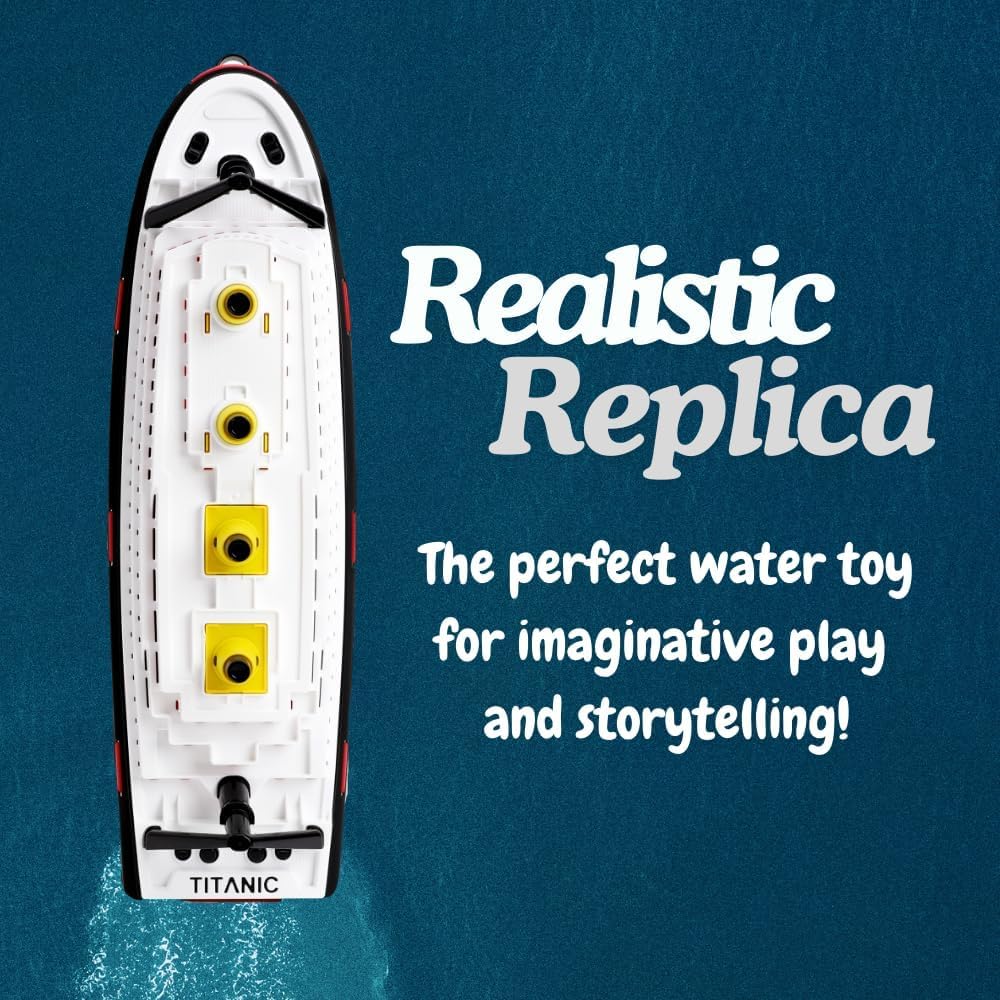 Toyland Titanic boat features wheels for easy movement on flat surfaces.