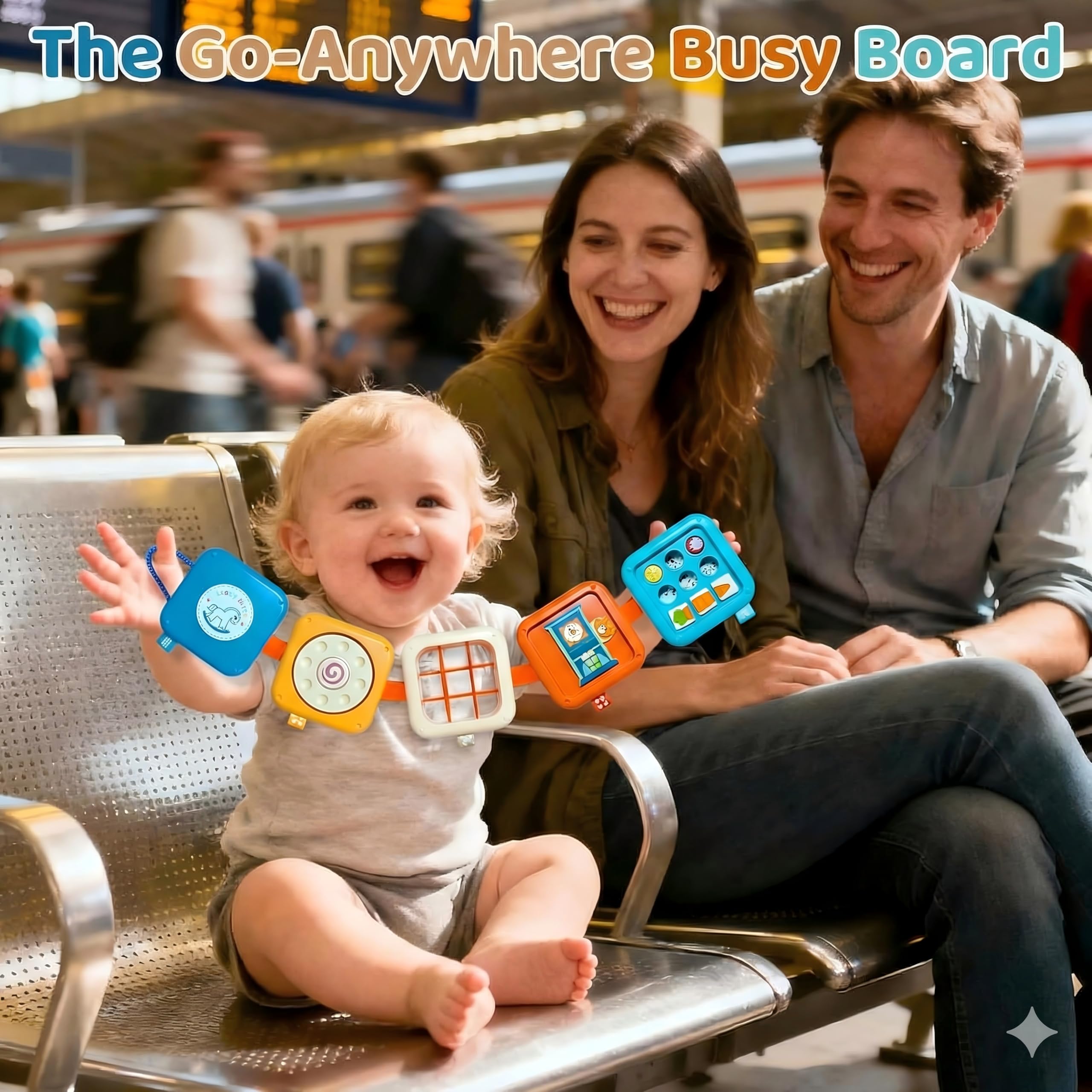 Toylfort buckle-strap activity board encouraging gripping and coordination during travel.