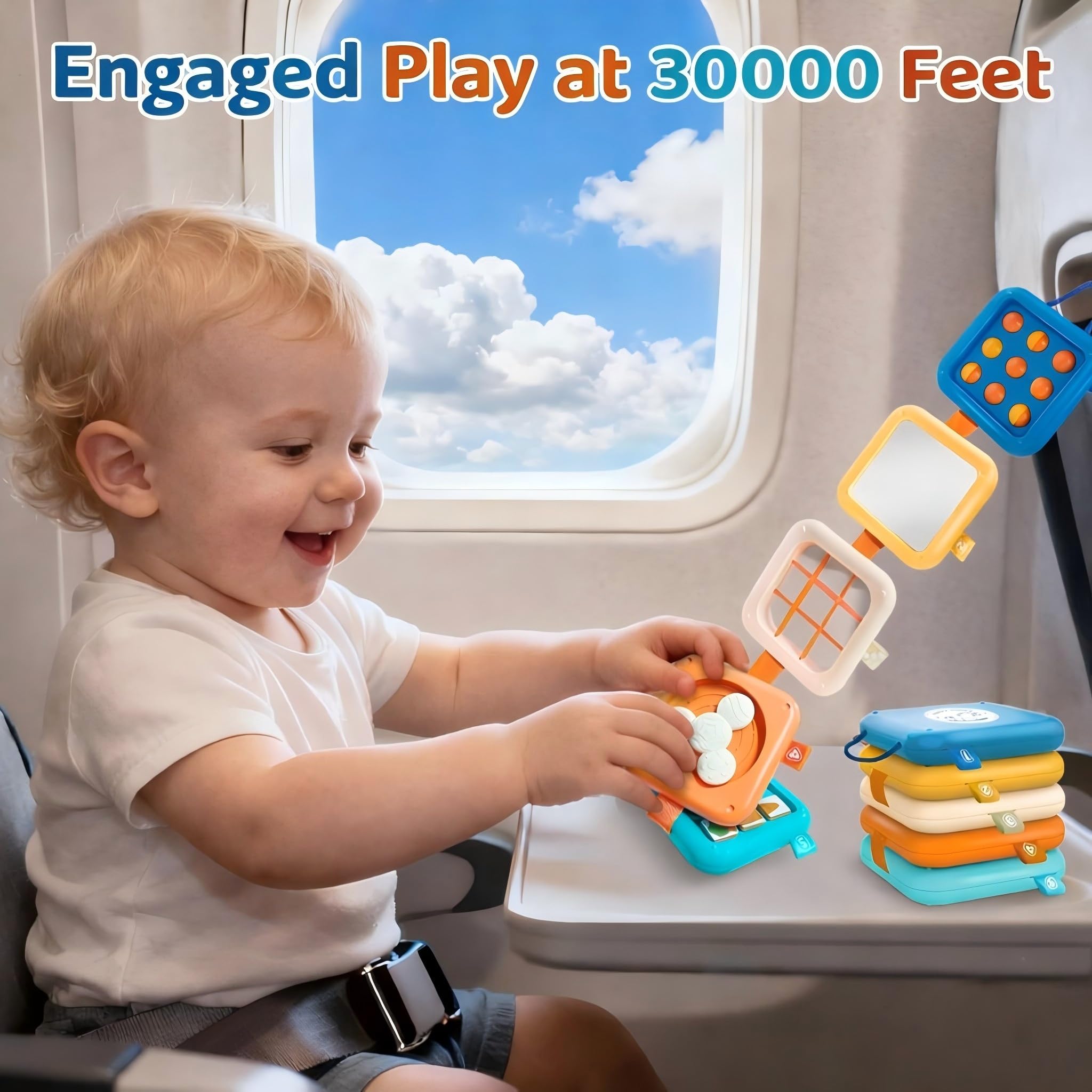 Toylfort spin-dial busy board offering tactile feedback for fine motor skills during car rides.
