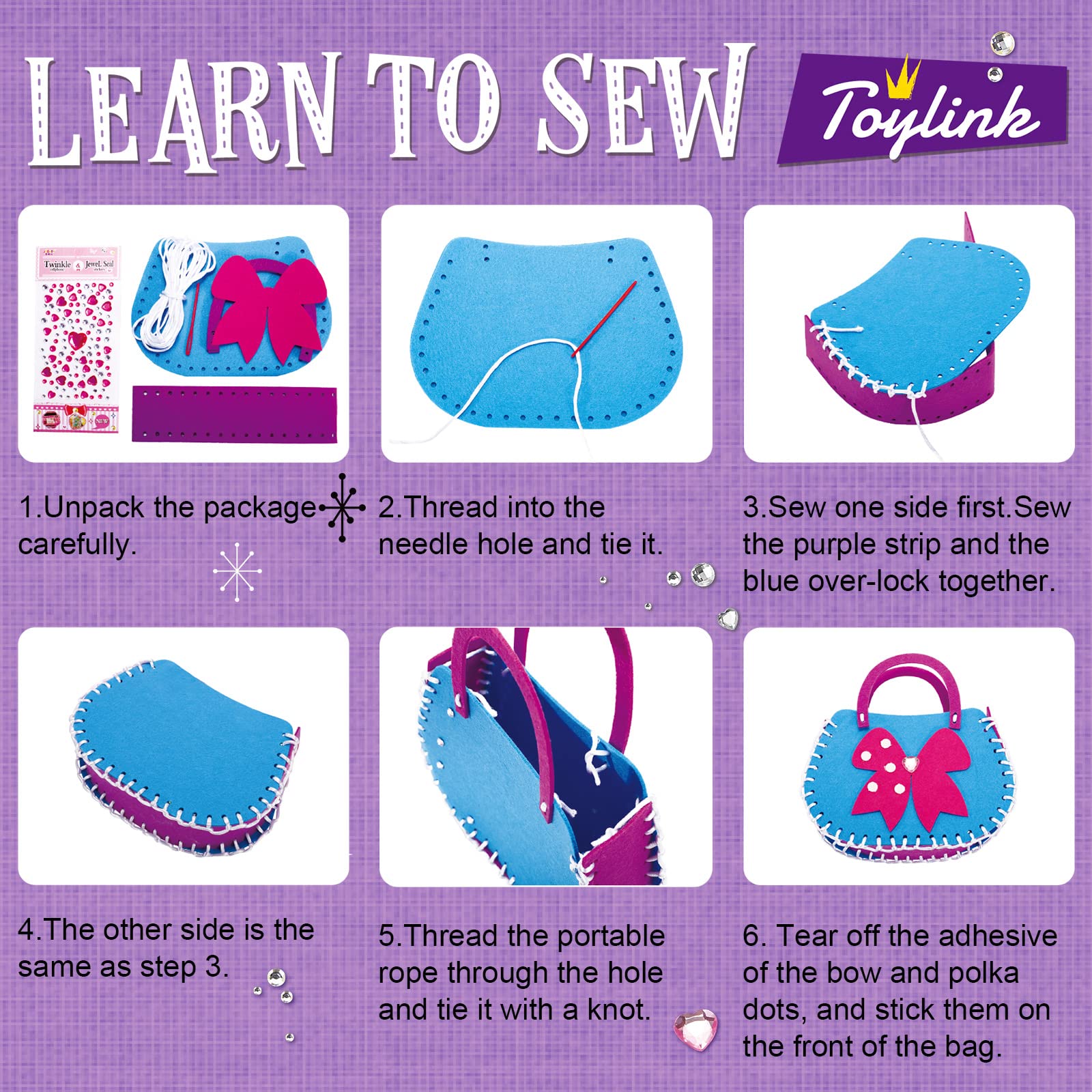 Toylink sewing kit includes six plastic needles and two yarns.