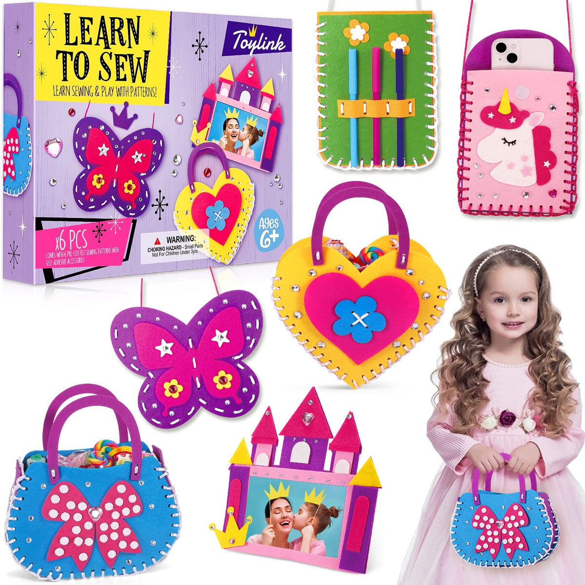 Toylink First Sewing Kit for Kids shows beginner purses, sparks creativity and fine-motor skills.