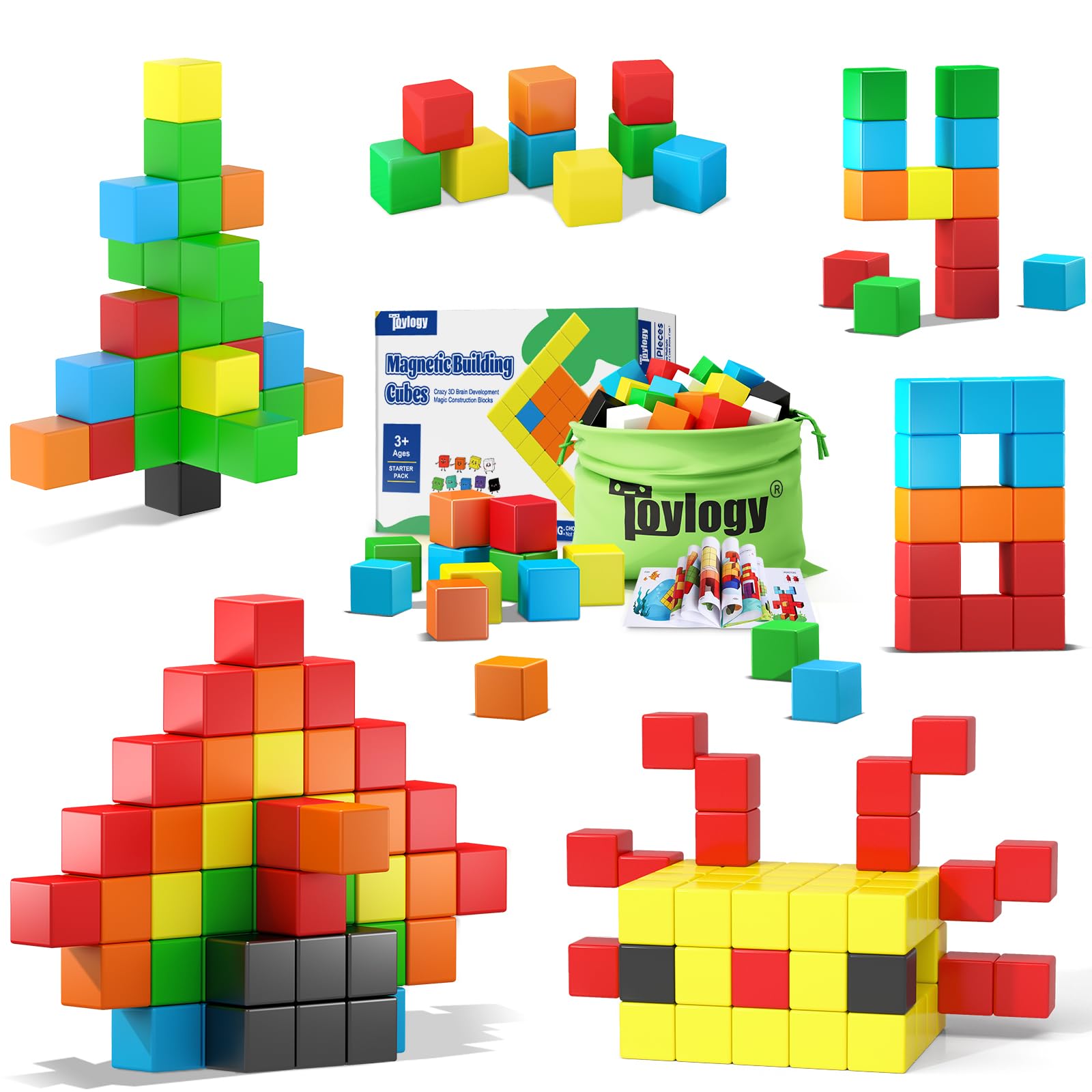 Toylogy 48PCS magnetic cubes assembly showcases versatile building options.