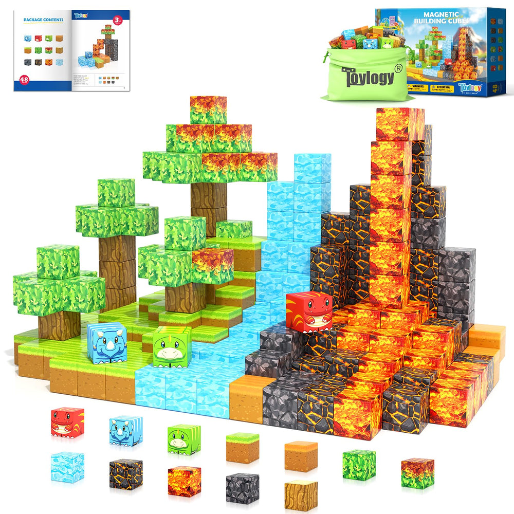 Toylogy Magnetic Blocks assembling a volcanic eruption scene for imaginative play