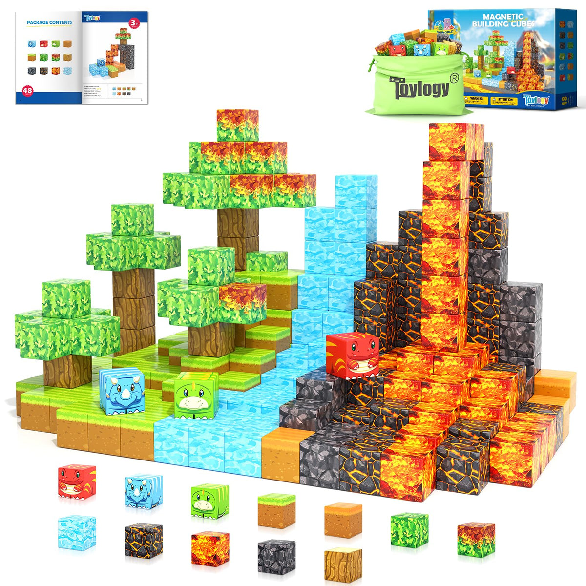 Toylogy Magnetic Blocks assembling a volcanic eruption scene for imaginative play