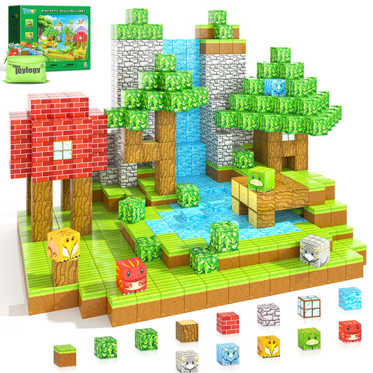 Toylogy magnetic blocks form a dinosaur mine forest for imaginative play and building skills.