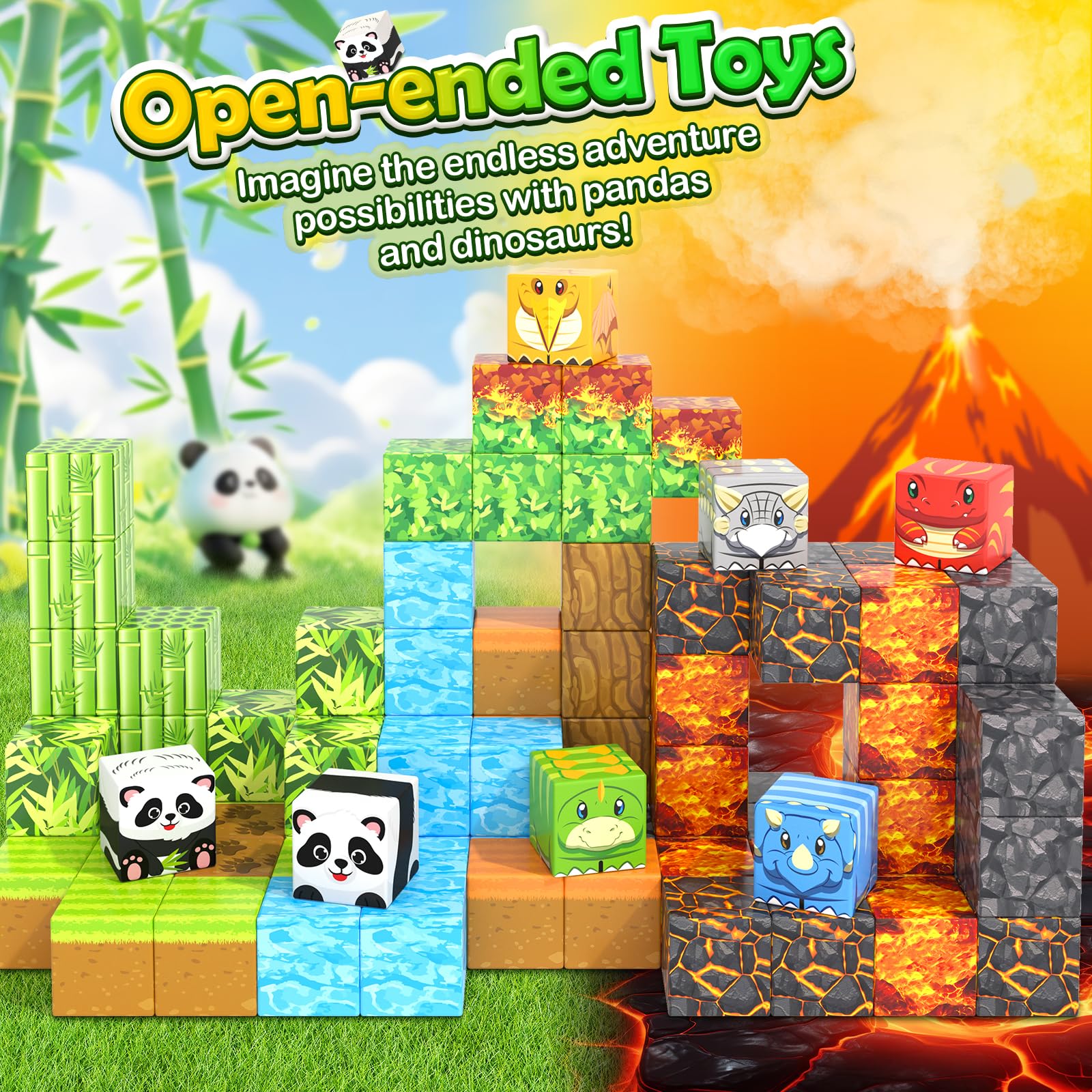 Toylogy Mine World panda bamboo forest promotes sensory exploration with colorful magnetic blocks.