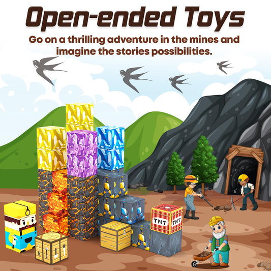 Toylogy pickaxe edition magnets help kids craft tools and explore cavern-themed adventures.