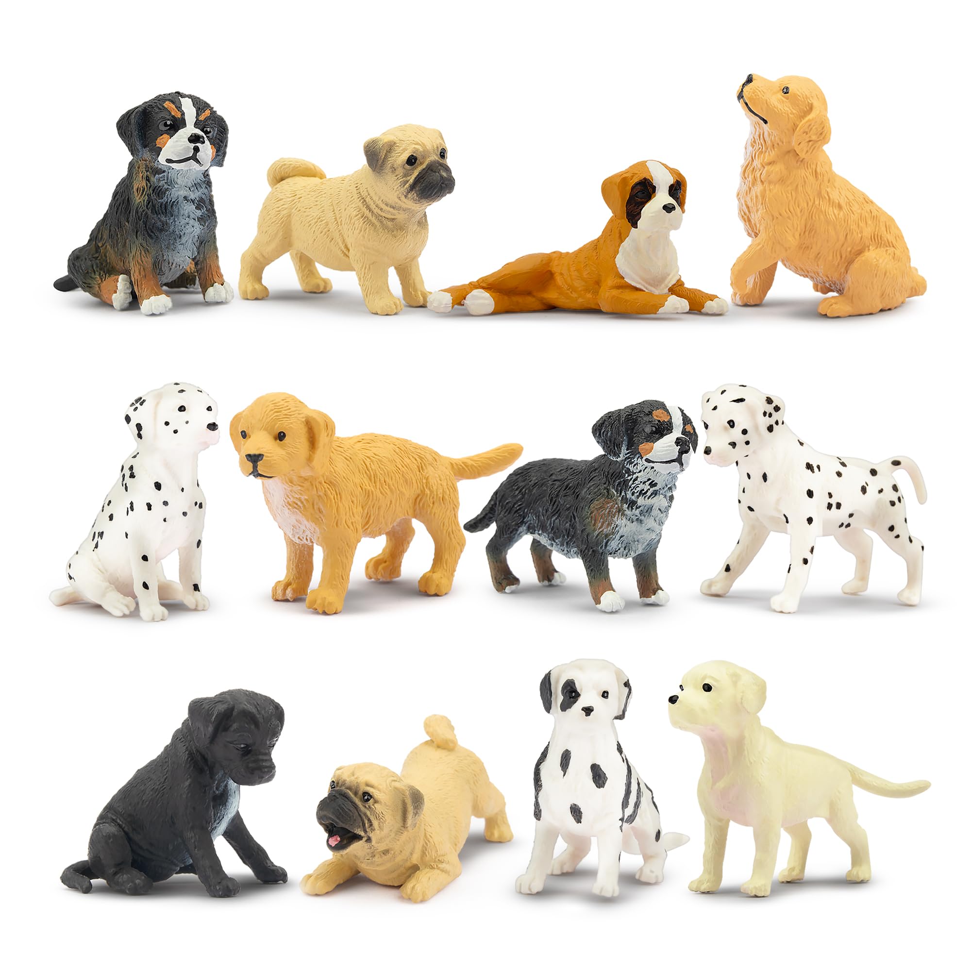 Toymany 12pcs mini dog figurines set for imaginative play and cake toppers.