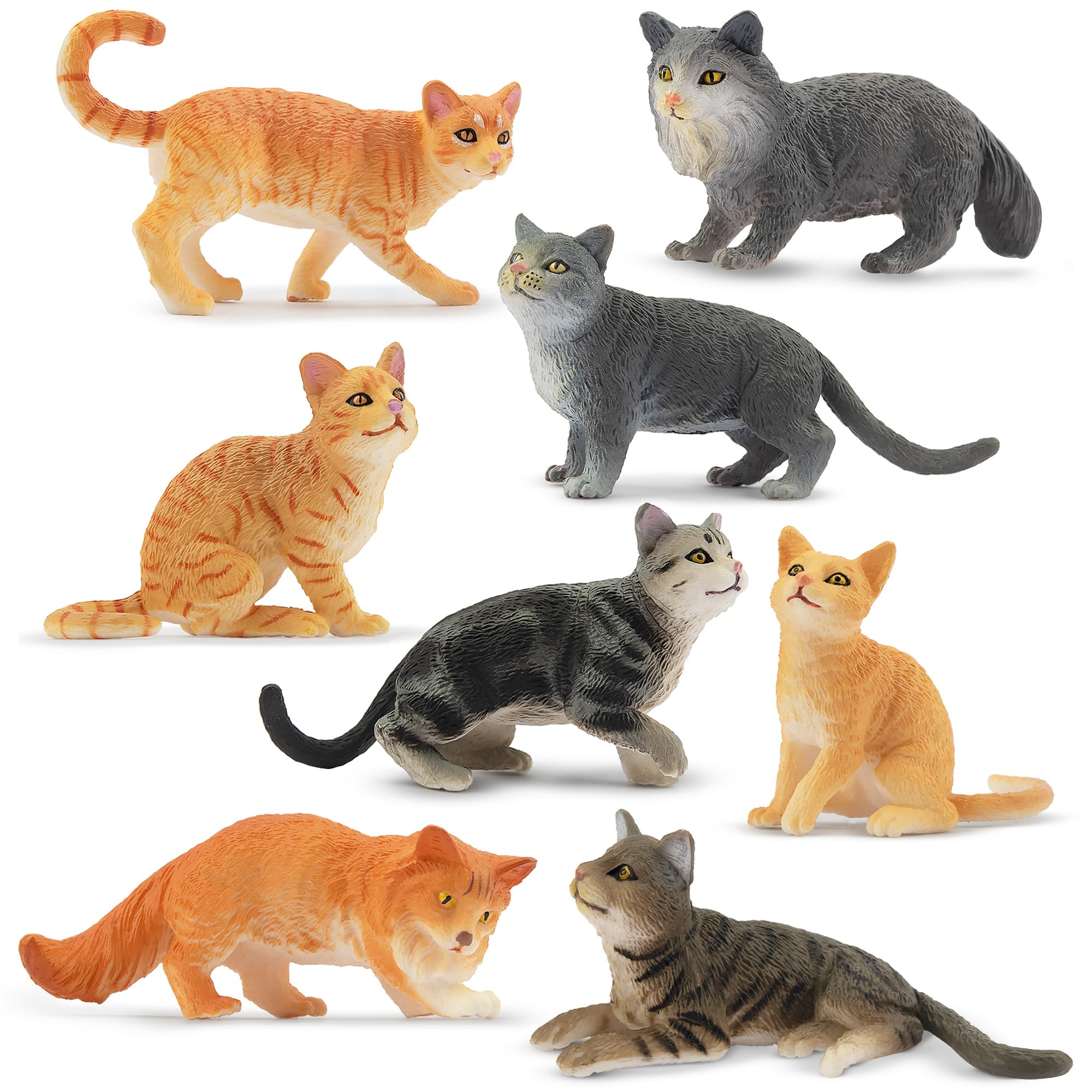 Toymany 8-piece grey and orange cat figurines with hand-painted details for play
