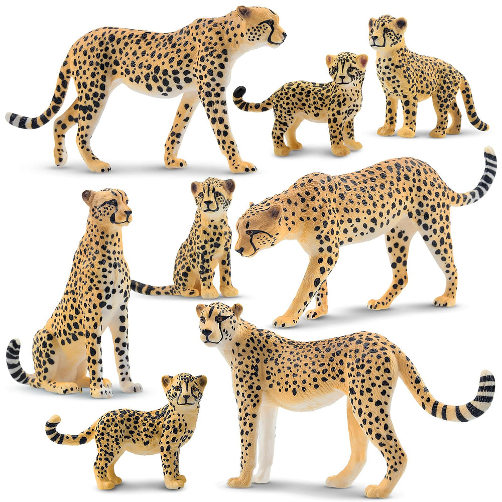 Toymany 8pcs cheetah figurines set for imaginative play.