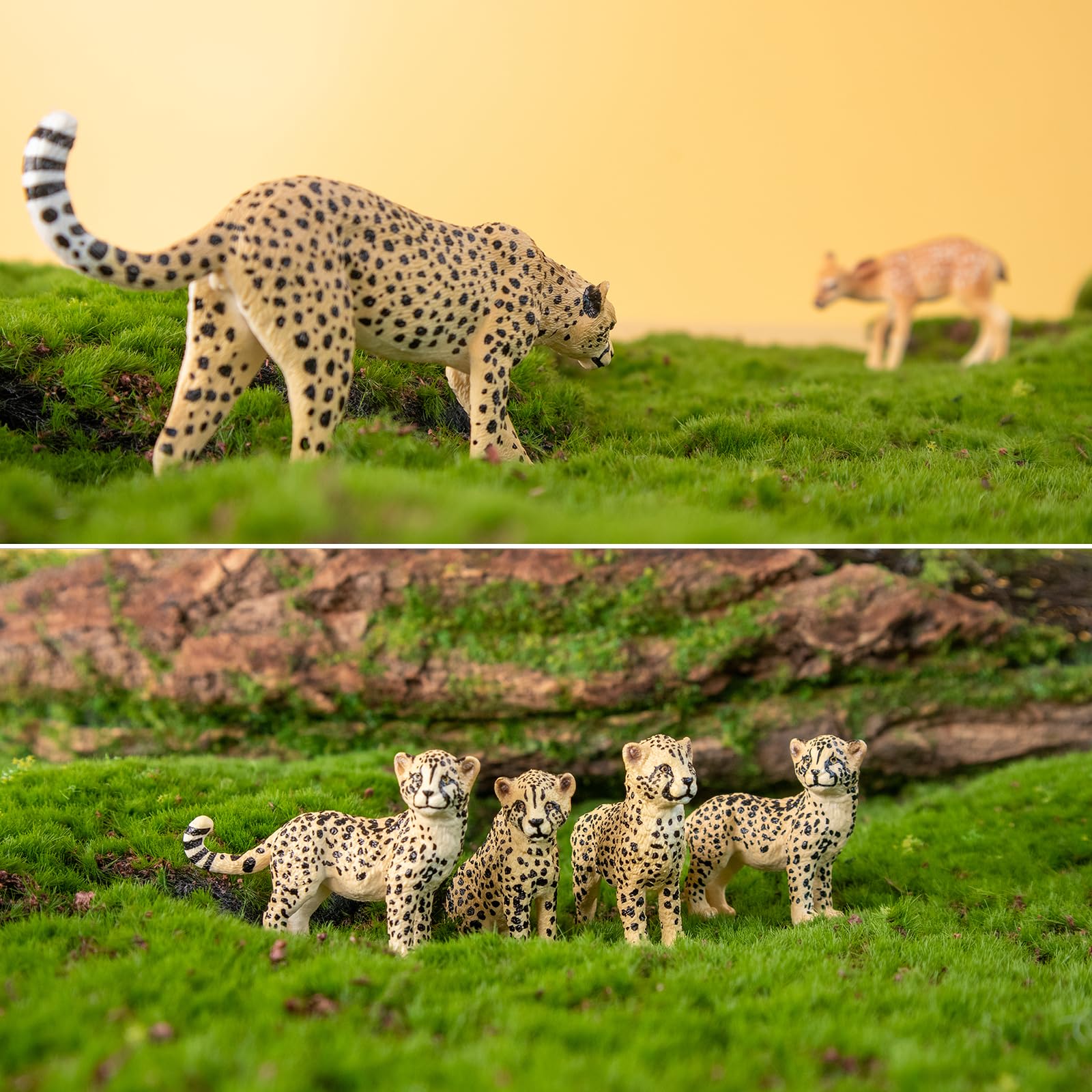 Toymany cheetah figurines four cubs in a playful scene.