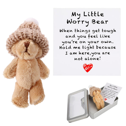 TOYMIS mini plush bear with knitted hat, a cozy desk companion.