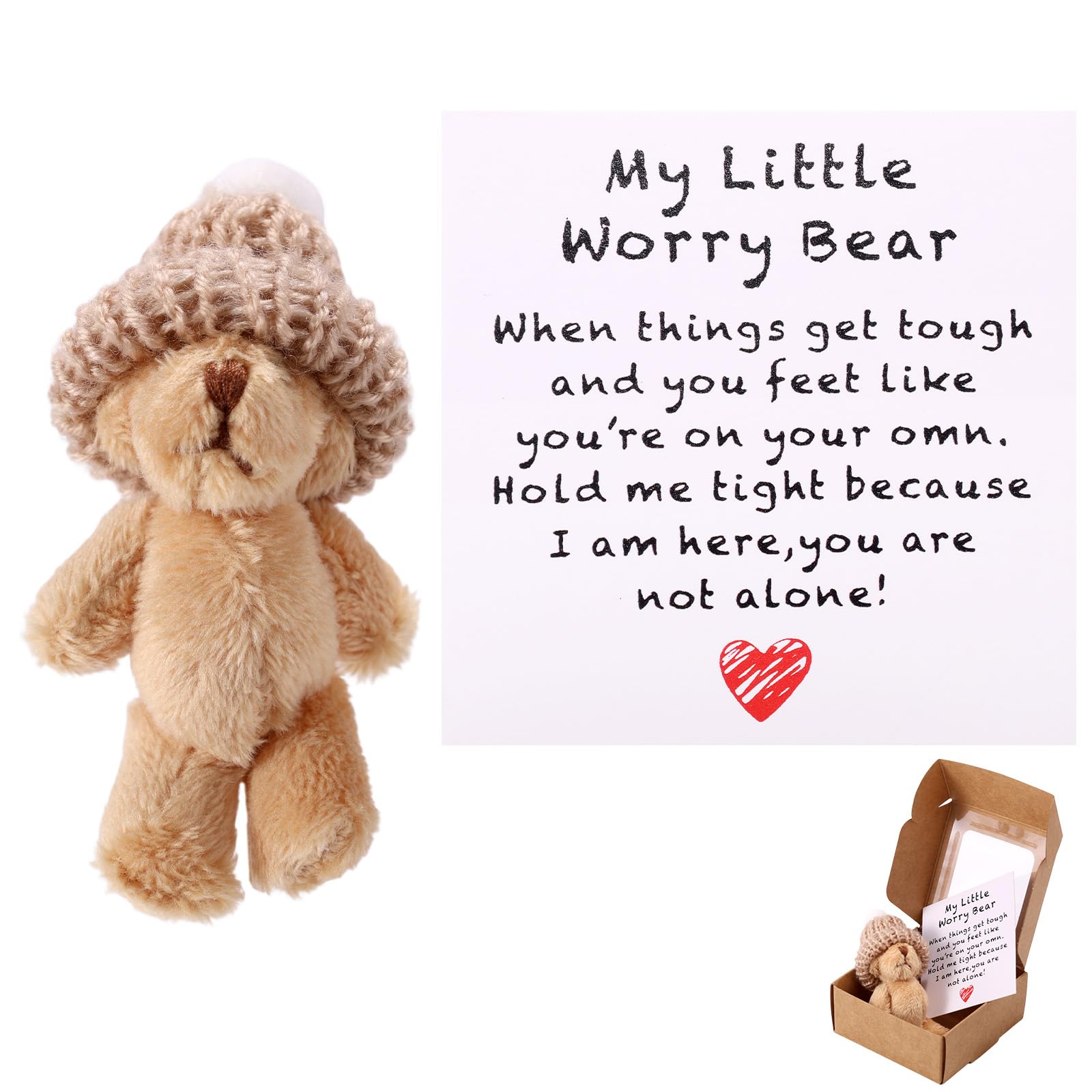 TOYMIS mini plush worry bear with hat—adorable pocket companion for daily encouragement.