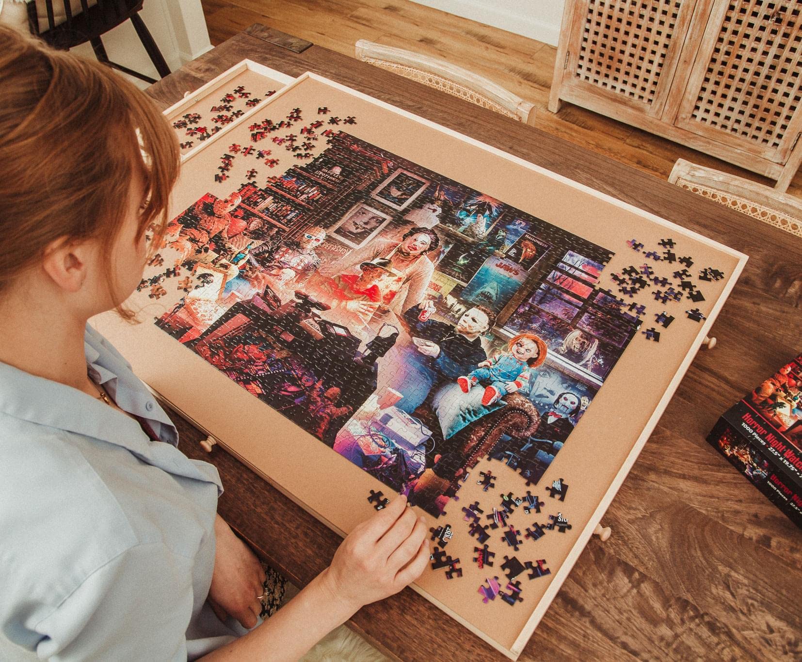 Toynk Horror Night Watch Party assembly process highlighting the interlocking pieces.
