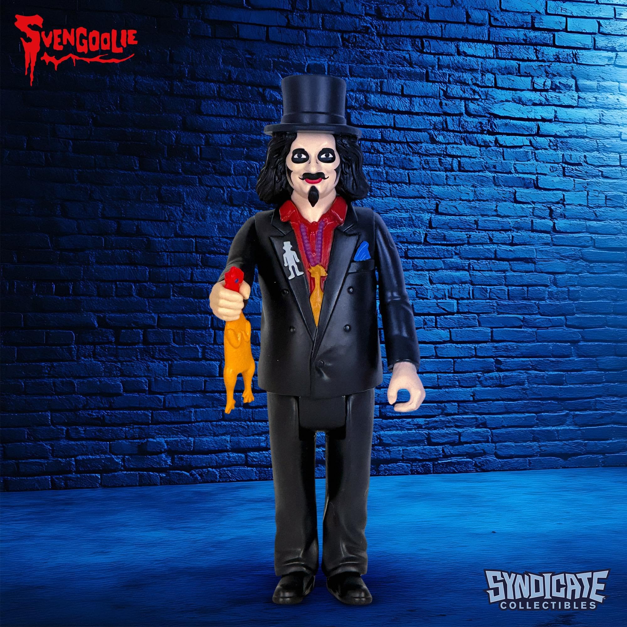 Kerwyn rubber chicken accessory adds playful horror humor to scenes.