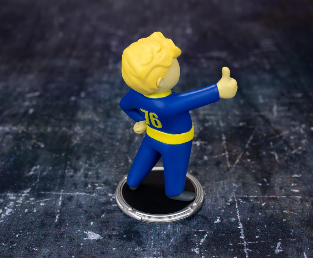 Vault Boy thumbs-up figure on a display stand for your collection.