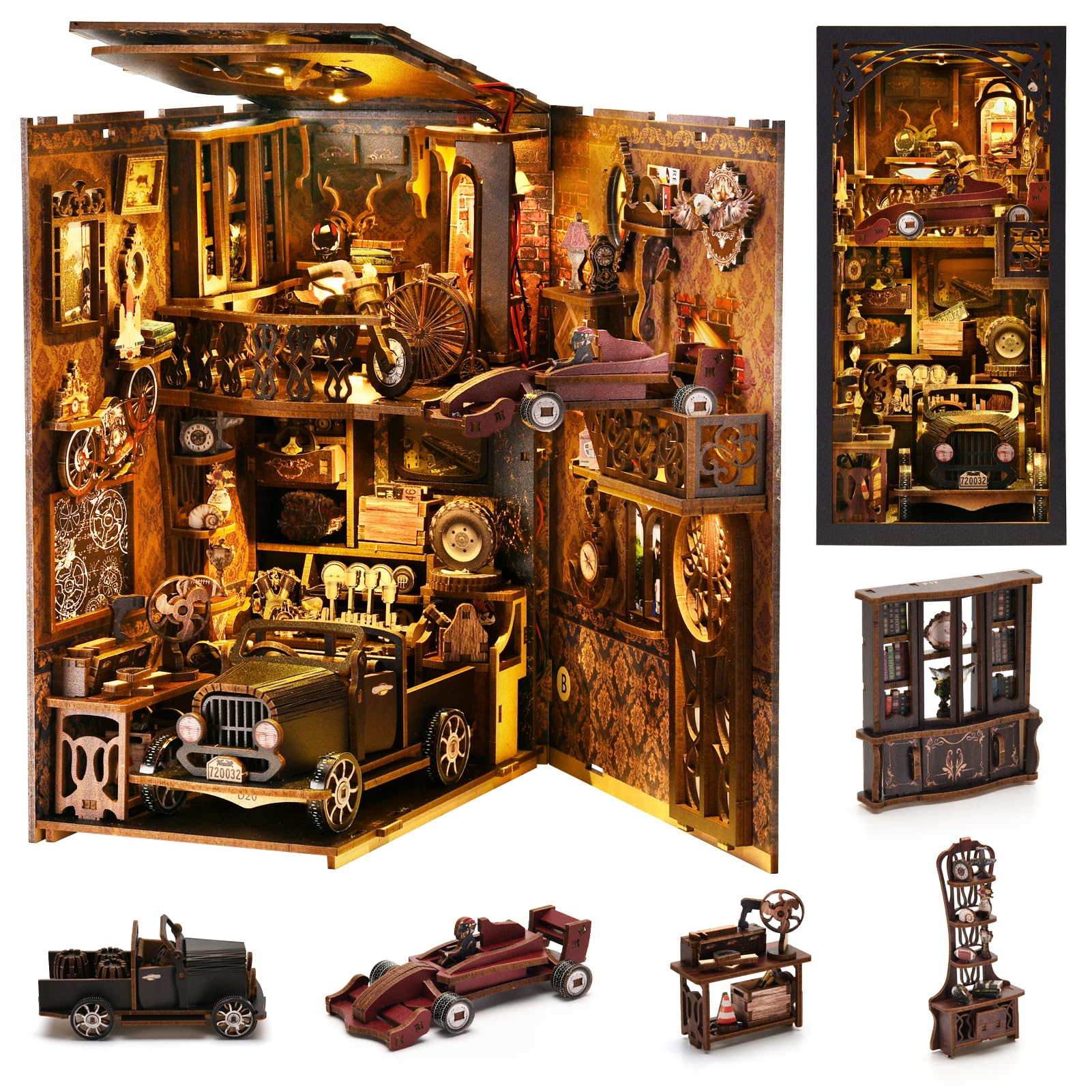 TOYQI Book Nook Kit garage scene with vintage cars for a stylish bookshelf backdrop