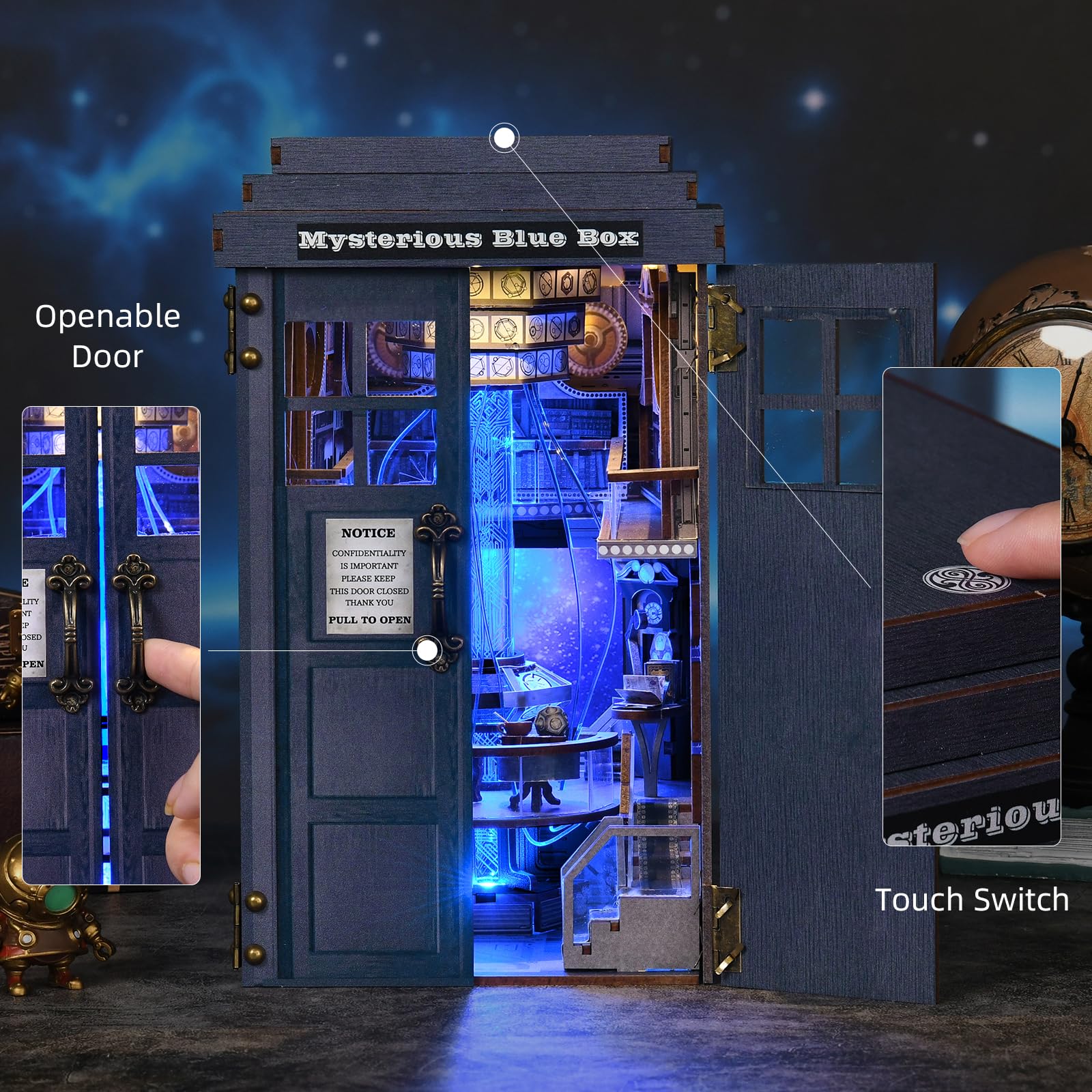 TOYQI Book Nook Kit LED lighting highlights details and creates warm ambience.