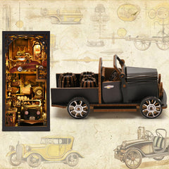 TOYQI Book Nook Kit vintage cars arrangement inside a miniature garage
