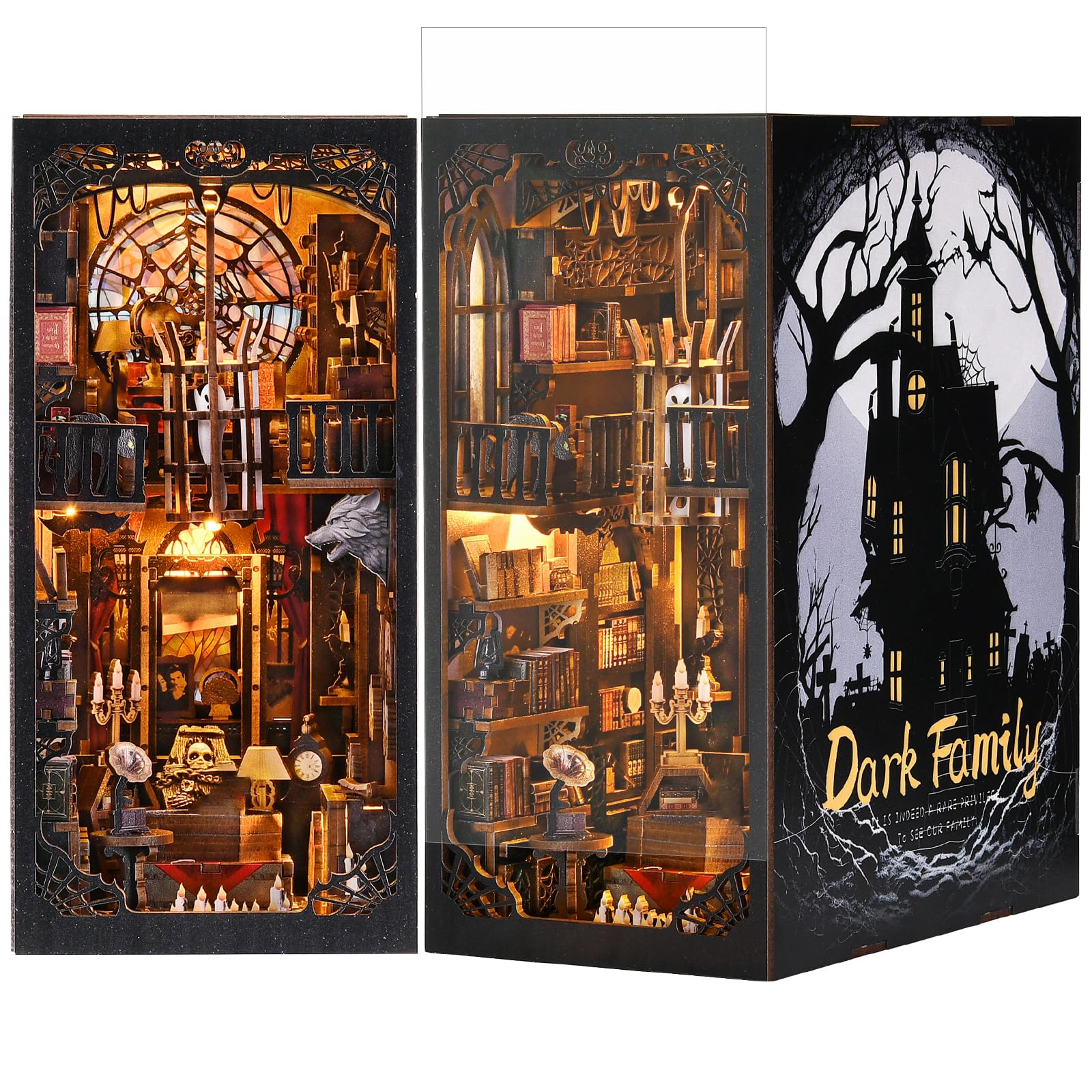 TOYQI book nook kit spook family enhances shelves with dramatic display.