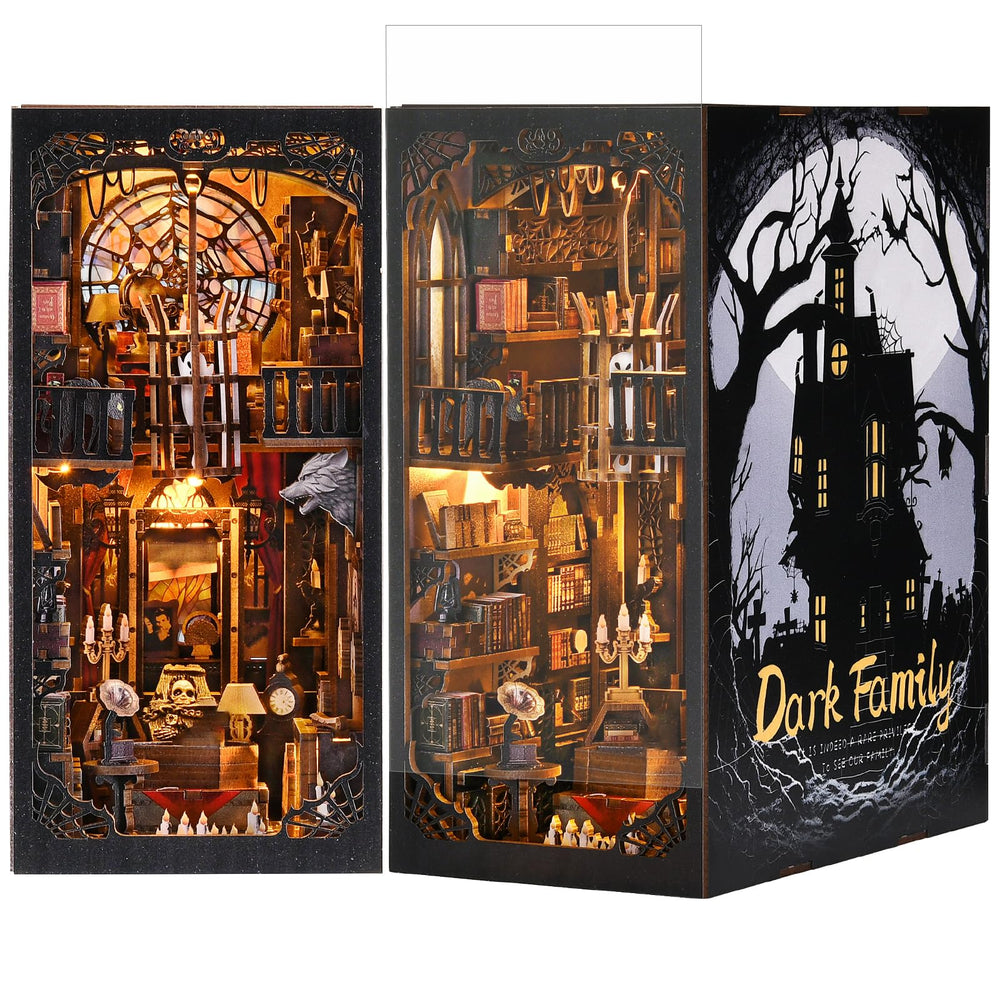 TOYQI book nook kit spook family enhances shelves with dramatic display.