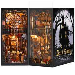 TOYQI book nook kit spook family enhances shelves with dramatic display.