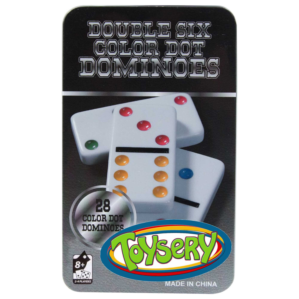 Toysery Double 6 dominoes in a tin box with colorful dots for engaging early math play.