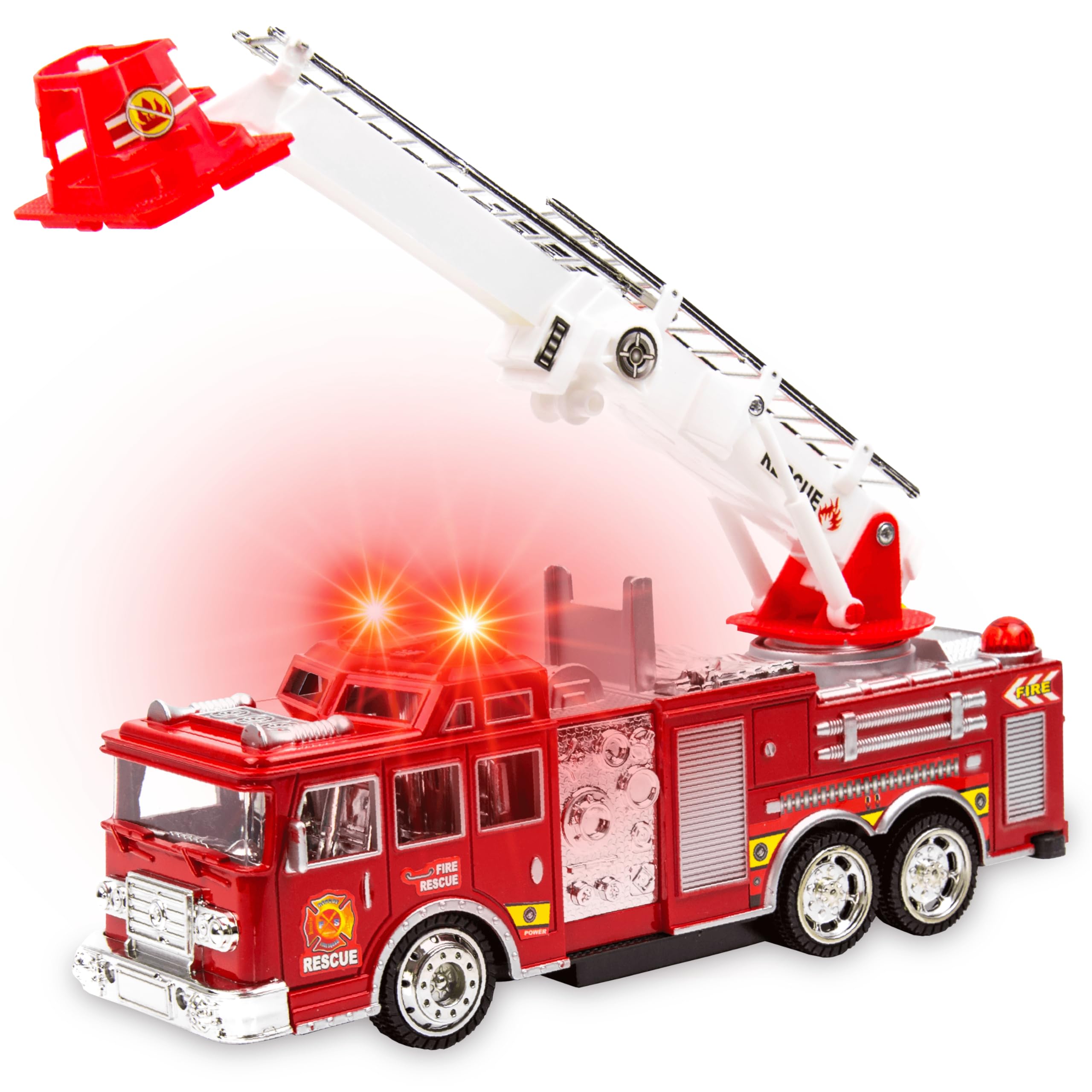Toysery Fire Truck extendable ladder enables tall rescues during imaginative play.