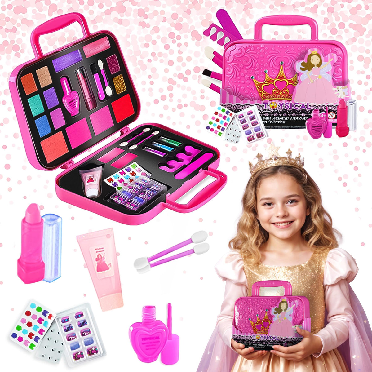 Toysical Princess makeup kit pink case, ideal for on-the-go pretend play.
