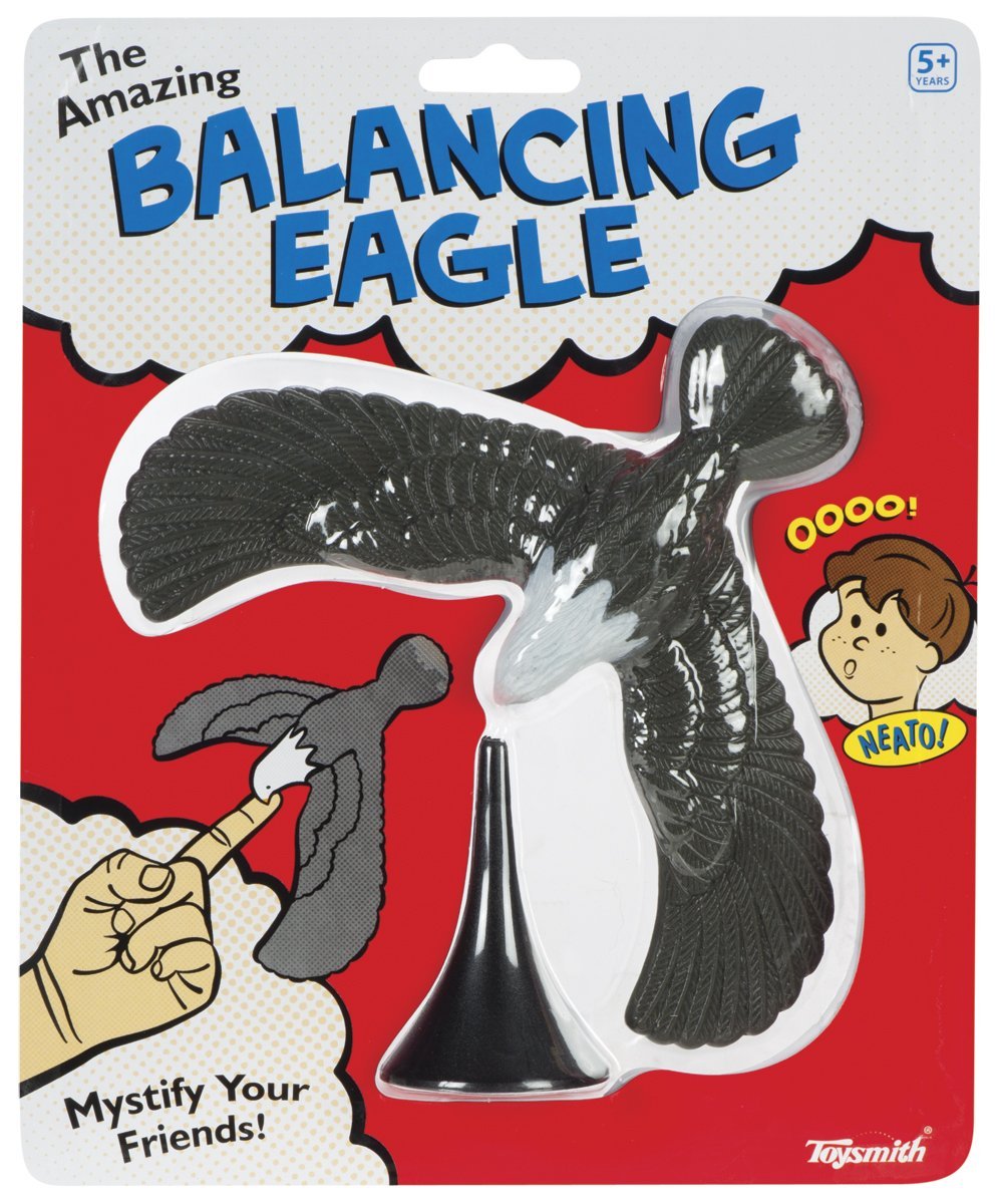 Toysmith Balancing Eagle on the included stand supports tabletop balancing.