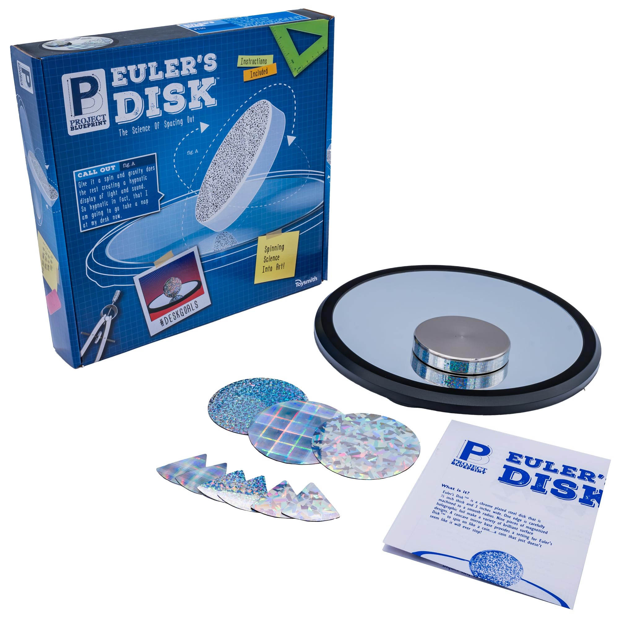 Toysmith Euler’s Disk on chrome disk with mirror showing kinetic motion