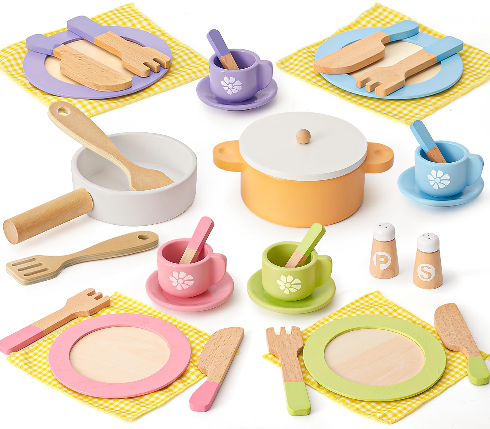 Toyssa 34-piece wooden play dishes for imaginative pretend cooking.